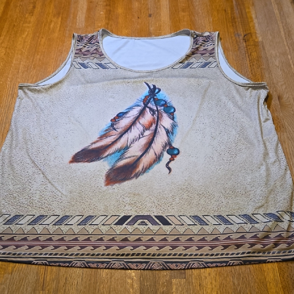 Women 4XL Light Tan Indian Tribe Feather Round‎ Neck Summer Tank Top